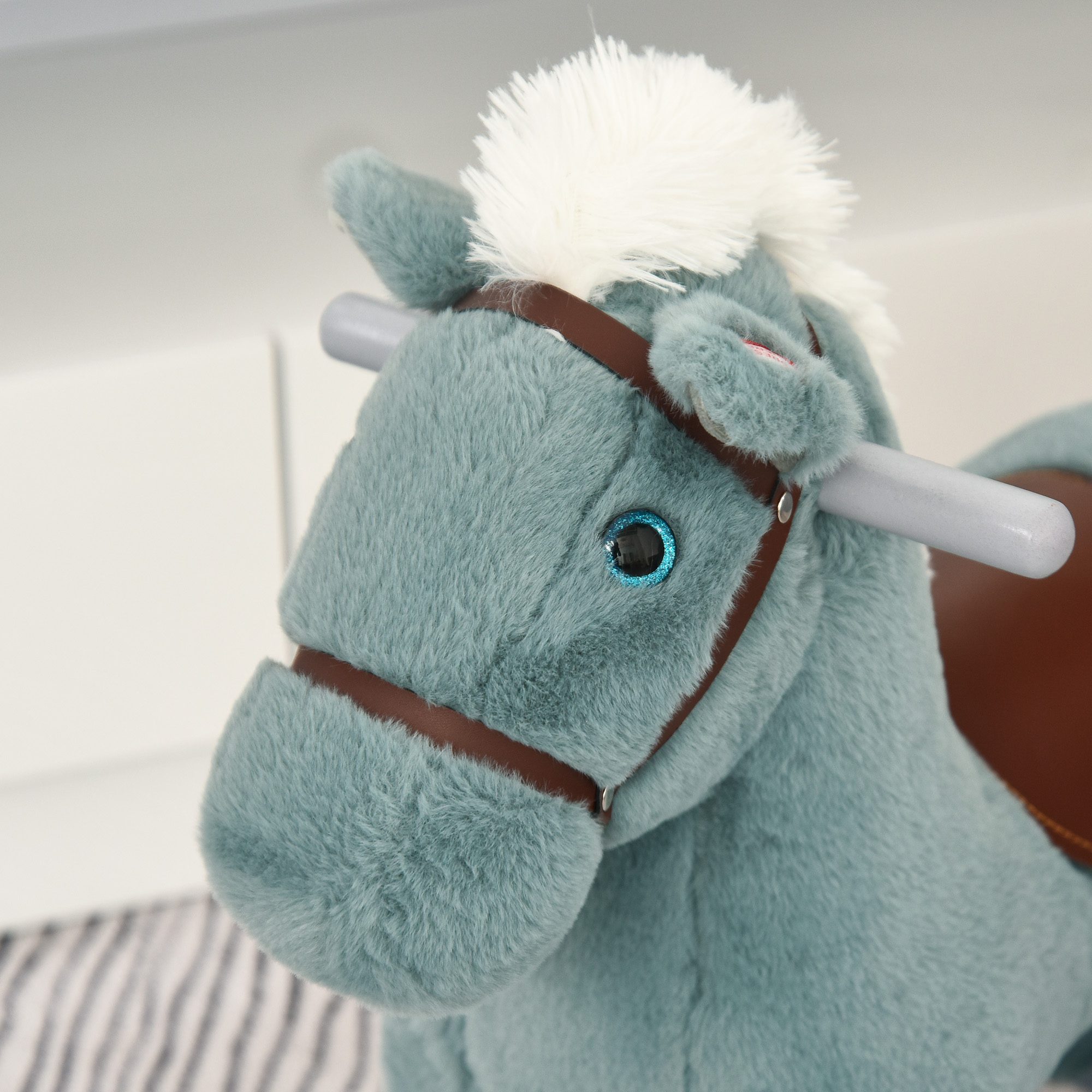 Qaba Kids Plush Ride-On Rocking Horse with Bear Toy, Children Chair with Soft Plush Toy & Fun Realistic Sounds, Blue - Image 6