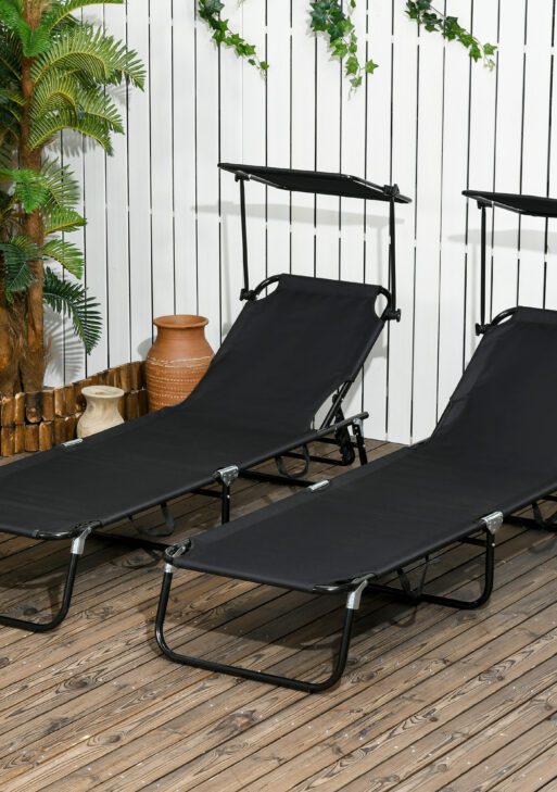 Folding Chaise Lounge Pool Lounge Chairs Set of 2, Outdoor Sun Tanning Chairs with Canopy Shade, Reclining Back, Steel Frame and Side Pocket for Beach, Yard, Patio, Black
