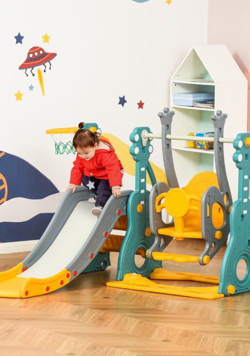 4 in 1 Toddler Swing and Slide Set, Kids Slide for Aged 1.5-3 with Climber, Ultra-Safety, Basketball Hoop, Baby Playground Set, Fun Indoor/Outdoor Playset Exercise Toy