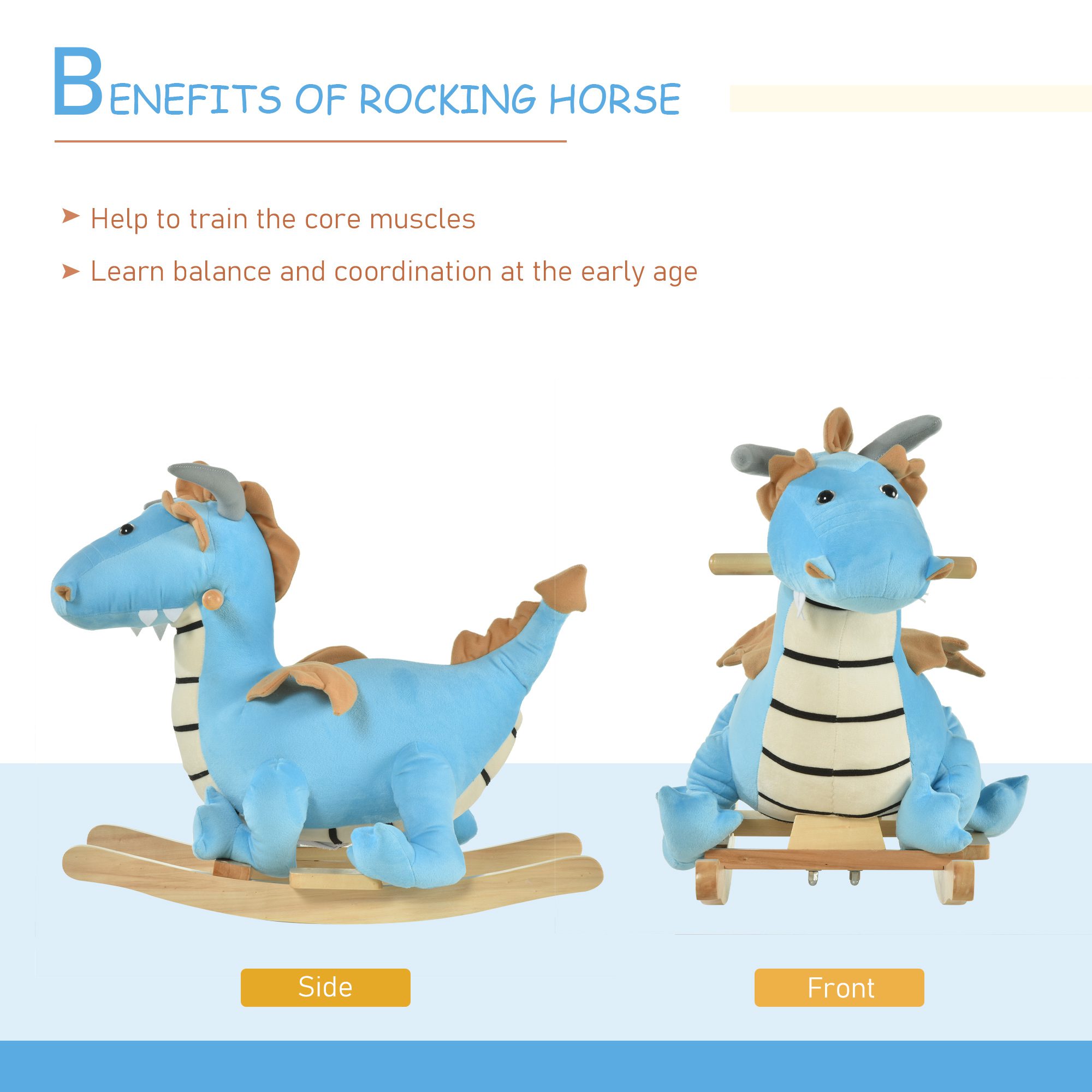Kids Plush Ride-On Rocking Horse Toy Dinosaur Ride Rocking Chair with Realistic Sounds for18-36 Months, Blue - Image 3