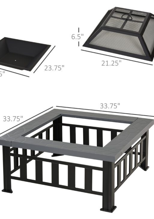 34" Outdoor Fire Pit Square Steel Wood Burning Firepit Bowl with Spark Screen, Waterproof Cover, Log Grate, Poker for Backyard, Camping, BBQ, Bonfire