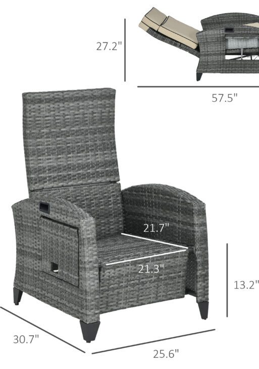 Outdoor Recliner Chair with Cushions, Reclining Patio Lounge Chair with Adjustable Footrest, Armrests, Tray Table, Khaki