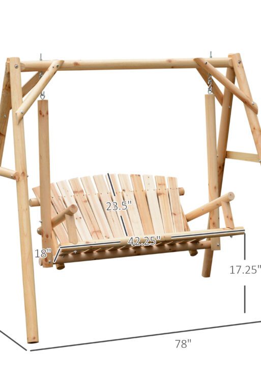 2-Seat Wooden Swing Bench, Ergonomic Design, 'A' Frame Construction, Stable and Non-Slip, Solid Wood Frame Log Garden Swing, for Outdoor and Indoor, Natural Wood