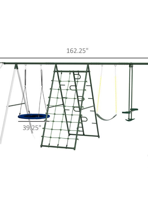 Metal Swing Set for Backyard with 1 Saucer Swing, Basketball Hoop, 1 Seat, 1 Swing Glider, Climbing Net and Steps