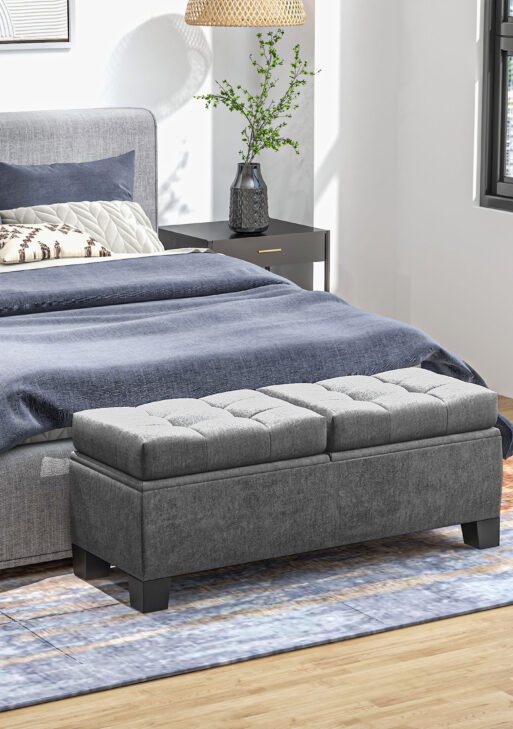 46" Storage Ottoman Bench, Upholstered End of Bed Bench with Steel Frame, Button Tufted Storage Bench with Safety Hinges for Living Room, Entryway, Bedroom, Gray