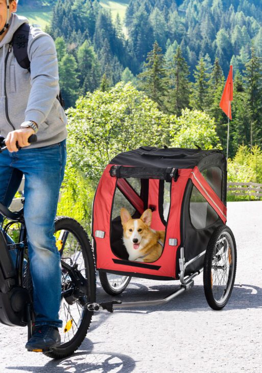 Dog Bike Trailer, Pet Wagon Bicycle Trailer with Easy Folding Cart Frame, 20" Large Rubber Wheels, 3 Entrances, Mesh Screen, Pet Bike Trailer for Off-Road & Travel, Red and Black