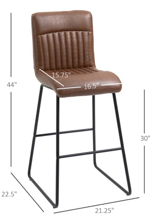 30" Industrial Bar Stool, PU Leather Barstool with Footrest, Upholstered Armless Pub Height Chair, Brown / Black