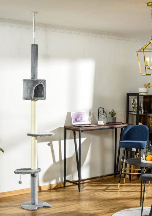 85.5" Cat Tree Height Adjustable Floor-to-Ceiling 4-Tier Kitty Climbing Activity Center Condo Cat Toy with Scratching Post Hanging Balls Play Rest Post Pet Furniture Grey