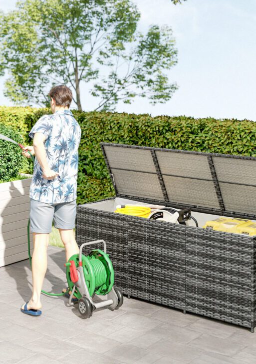 175 Gallon Outdoor Storage Box with Inner Liner, PE Rattan Wicker Deck Box with Pneumatic Bar Lift, Mixed Gray