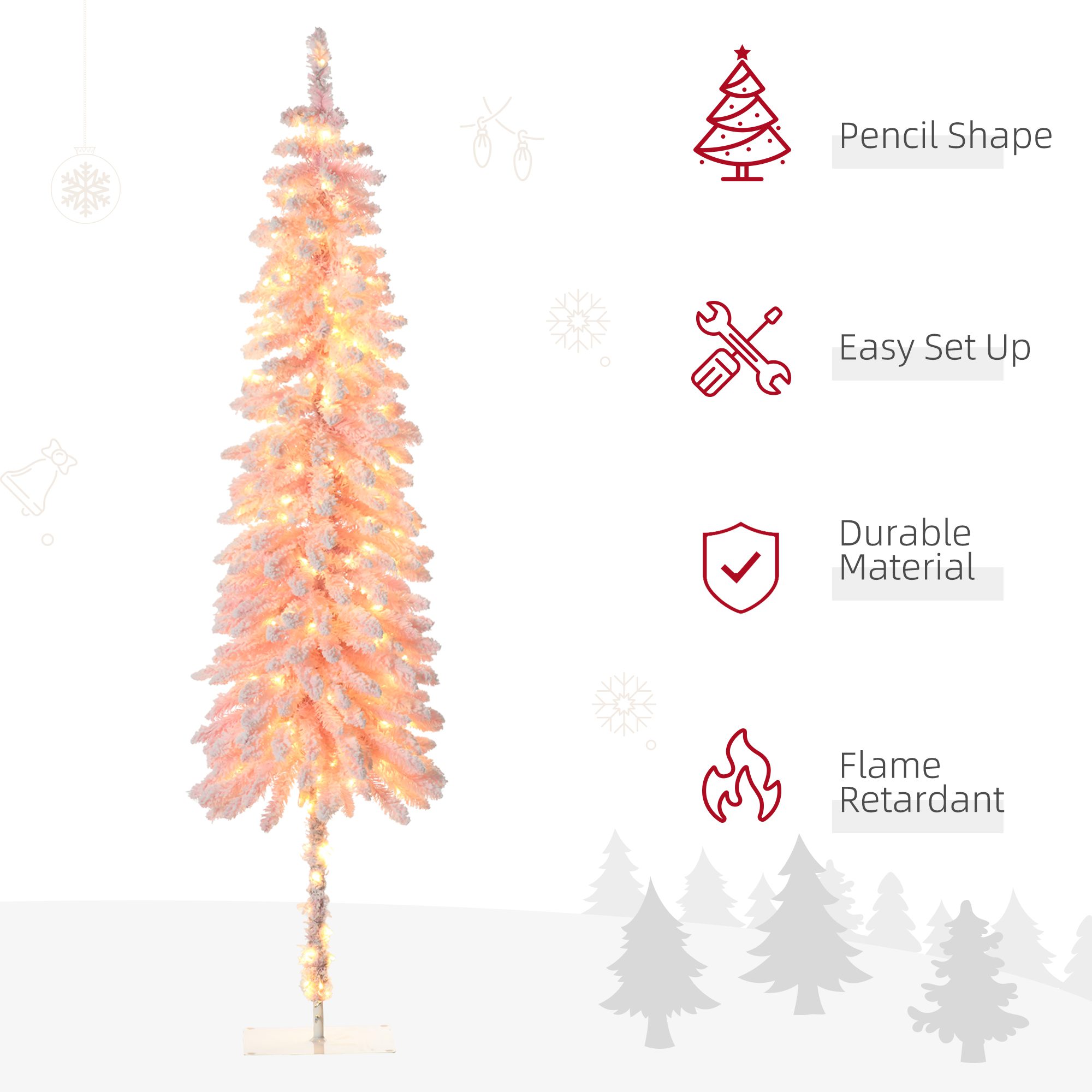 7' Flocked Christmas Trees, Pencil Prelit Artificial Christmas Tree with Snow Downswept Branches, Pink - Image 2