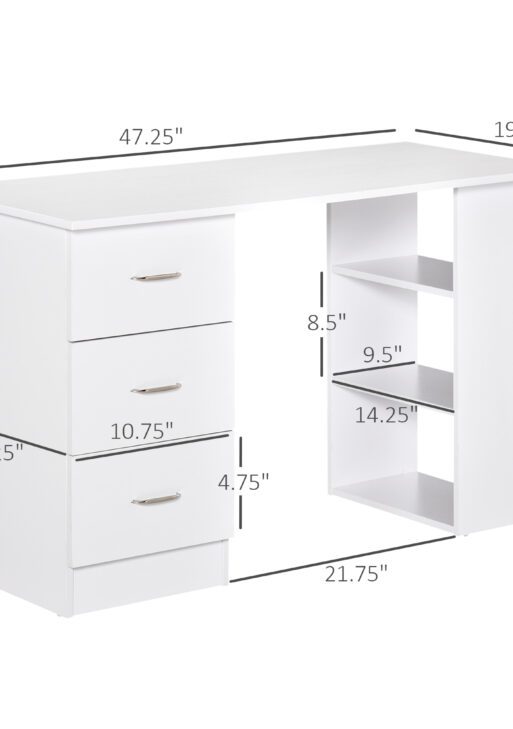 47" Modern Home Office Computer Desk Bookcase Combo Writing Table Workstation with 3 Drawer and Storage Shelf - White