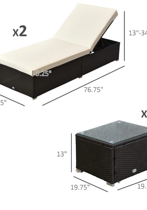 Chaise Lounge Chair Set of 2 with 5 Angle Backrest, Outdoor Coffee Table, Water Repellent Cushions, PE Rattan Wicker Poolside Chairs, 3-Piece Pool Furniture Set, Dark Brown/Cream White