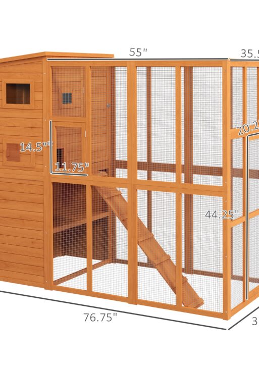 Wooden Outdoor Catio with Platforms, Asphalt Roof, Ramps, Natural