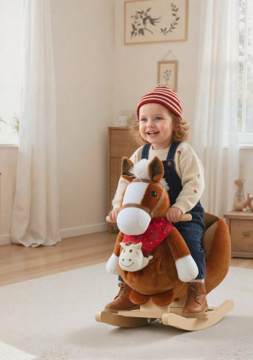 Kids Ride-On Rocking Horse Toy, Rocker with Lullaby Song, Hand Puppets & Soft Plush Fabric for Children 18-36 Months, Brown