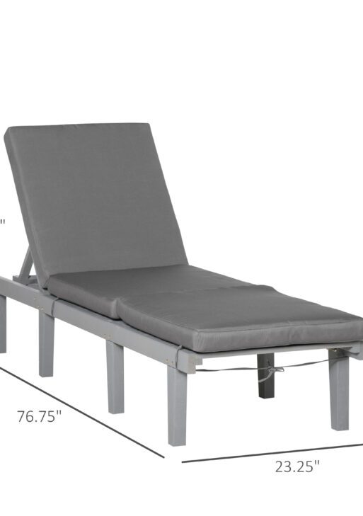 Chaise Lounge Chair for Outdoor, Wood Outdoor Chaise Lounge with 4-Position Adjustable Backrest and Cushion, Reclining Beach Lounge Chair for Deck, Pool, Lawn and Sunbathing, Gray
