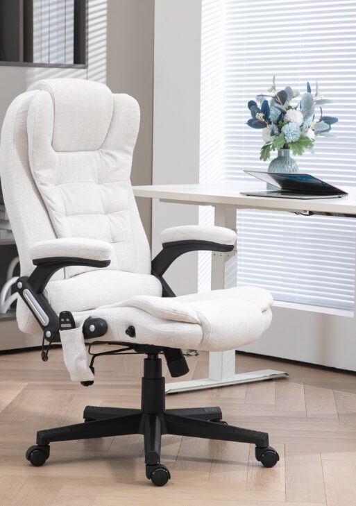 6 Point Vibrating Massage Office Chair with Heat, Linen High Back Massage Desk Chair with Reclining Backrest, White