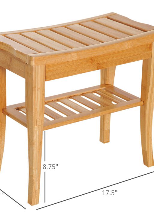 Long Bamboo Shower Bench Seat, 20" Wooden Spa Shower Stool with Underneath Storage Shelf Shoe Organizer