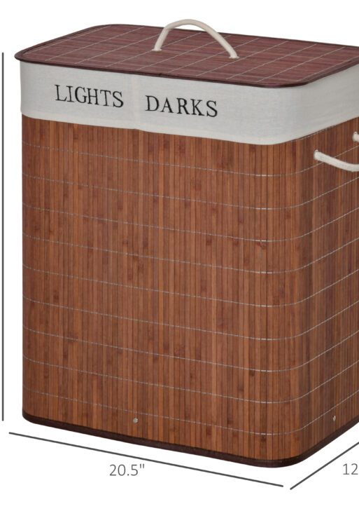 Bamboo Laundry Basket with Lid and String Handles, Collapsible Laundry Hamper with 2 Removable Bags, Brown