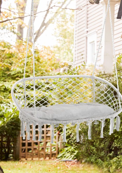 2-Person Hammock Chair Macrame Swing with Soft Cushion, Hanging Cotton Rope Chair for Indoor Outdoor Home Patio Backyard, Light Gray