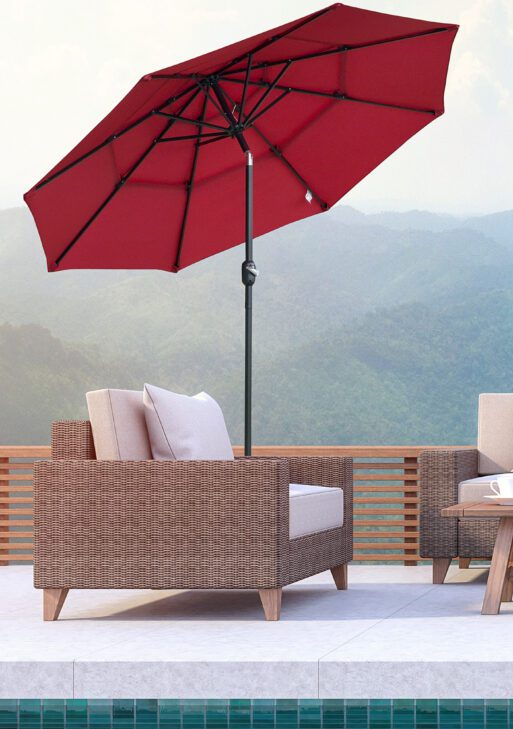 9FT 3 Tiers Patio Umbrella Outdoor Market Umbrella with Crank, Push Button Tilt for Deck, Backyard and Lawn, Wine Red