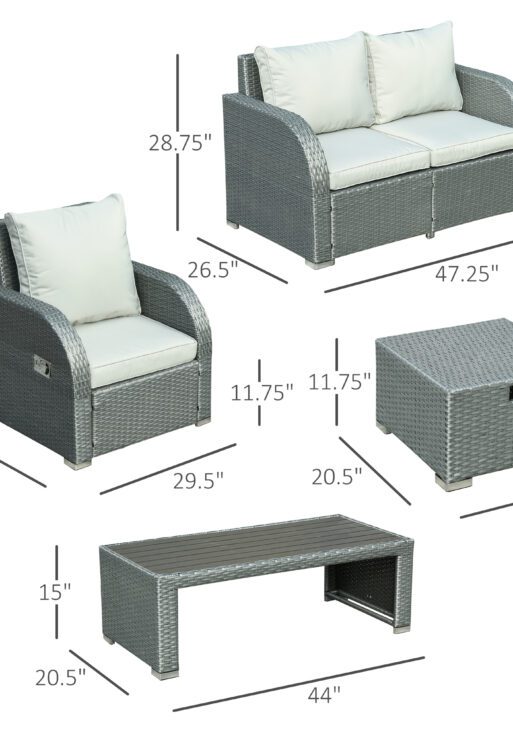 6-PCs Patio Furniture Sets Outdoor Wicker Sofa Set Rattan Angle Adjustable Recline Single Chair Conversation Set, Ottomans, w/ Polyester Tea Table Gas Spring & Soft Washable Cushions, Grey