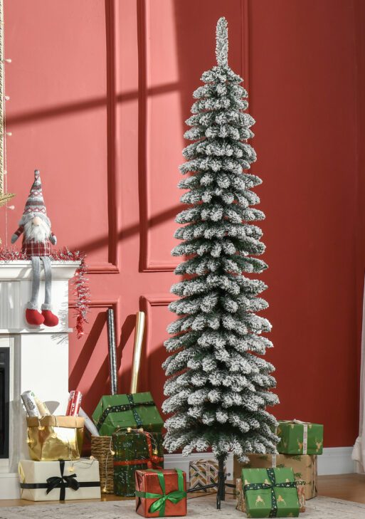 6' Tall Unlit Slim Pencil Xmas Tree, Snow Flocked Artificial Christmas Tree with Realistic Branches and 603 Tips, Green