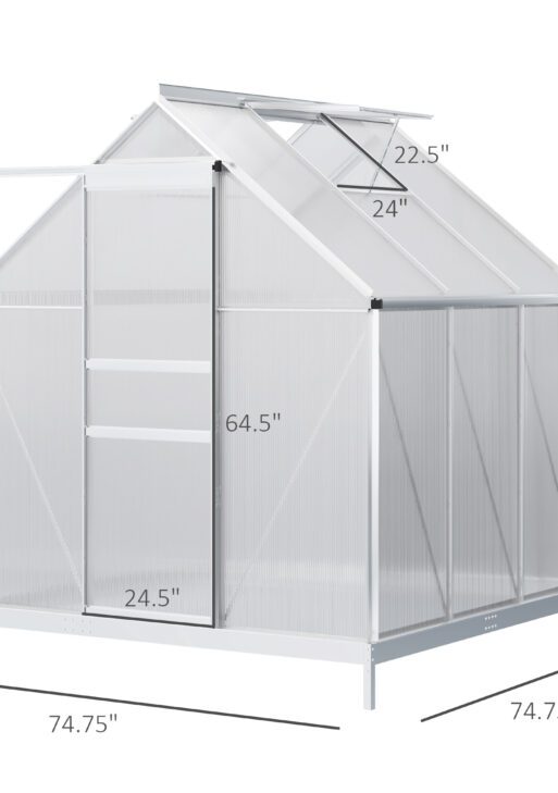 6' x 6' x 6.5' Polycarbonate Greenhouse with Aluminum Frame, Walk-in Heavy Duty Green House with Adjustable Roof Vent, Rain Gutter and Sliding Door for Winter, Silver