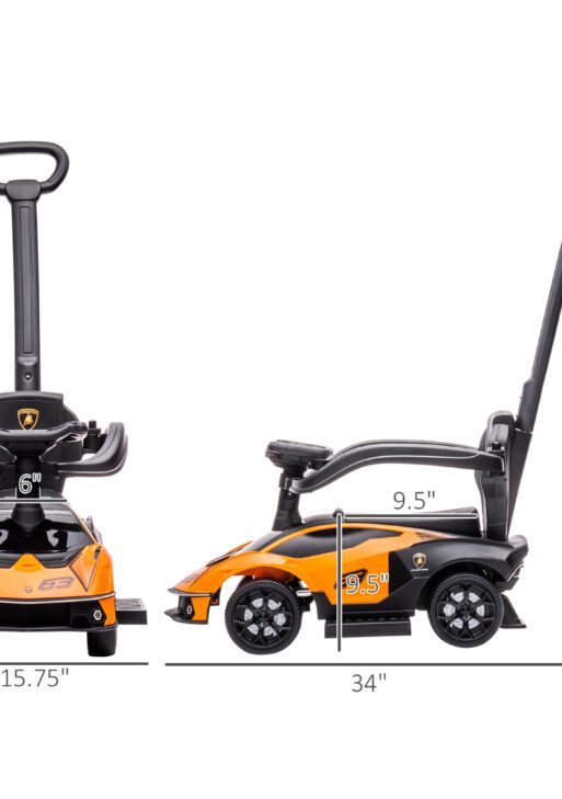 2-in-1 Ride On Push Car for Toddlers 1-3, Licensed Lamborghini Stroller Sliding Car, Push-Along with Under Seat Storage Horn Engine Sound and Steering Wheel, Manual, Orange