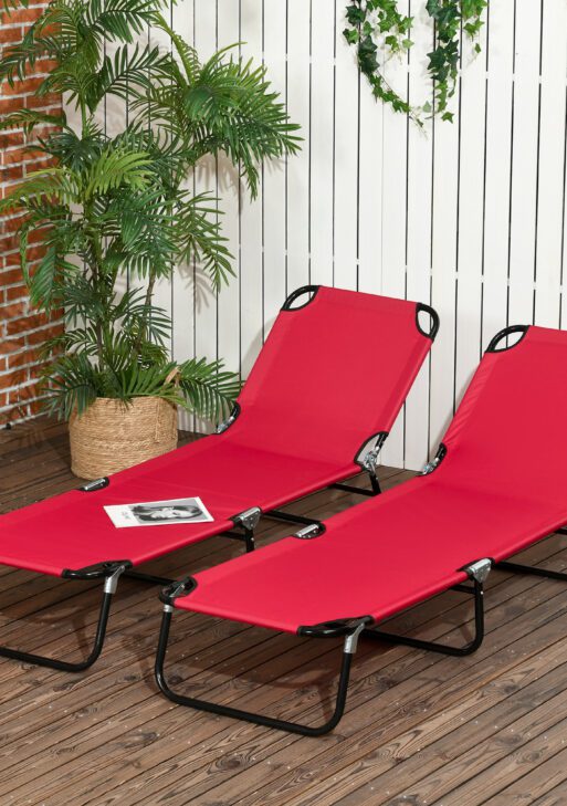2 Piece Folding Chaise Lounge Pool Chairs, Outdoor Sun Tanning Chairs with 5-Level Reclining Back, Steel Frame for Beach, Yard, Patio, Red
