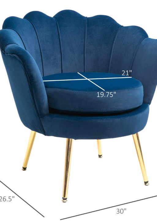 Velvet Armchair, Modern Accent Chair with Gold Metal Legs, Comfy Upholstered Barrel Chair for Living Room Bedroom Vanity Room, Blue