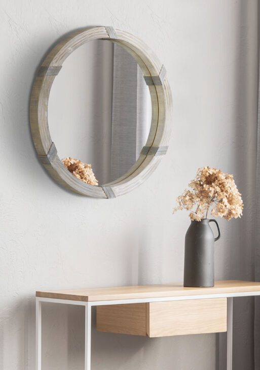 30.75" Wood Wall Mirror, Farmhouse Decorative e Round Mirror for Wall Decor in Living Room, Bedroom, Natural Wood Color