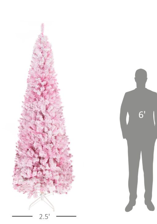 7.5ft Tall Unlit Snow Flocked Artificial Christmas Tree Slim Pencil Xmas Tree with Pine Shape and Realistic Branches, Pink