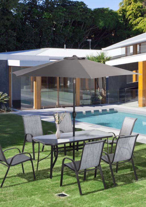 8 Pieces Patio Furniture Set with 9Ft Patio Umbrella, Outdoor Dining Table and Chairs, 6 Chairs, Push Button Tilt and Crank Parasol, Tempered Glass Top, Gray