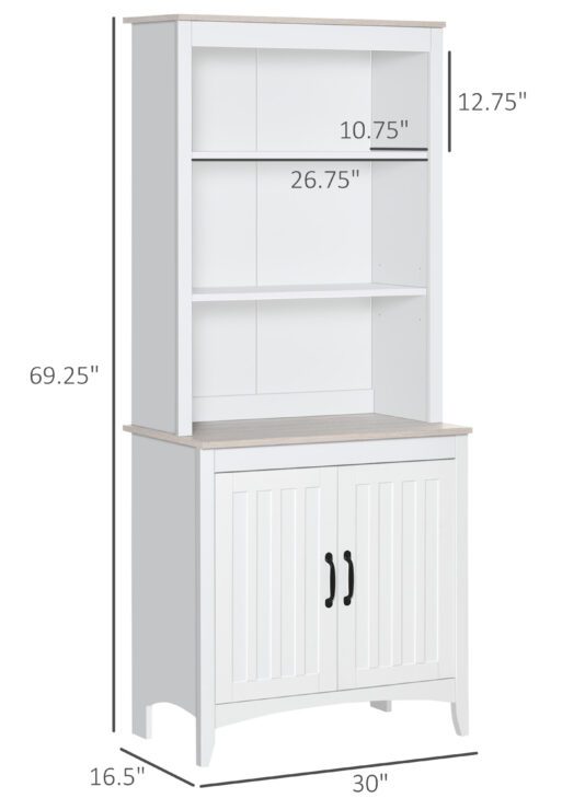 70" Kitchen Hutch, Freestanding Storage Pantry Cabinet with 3-Tier Shelving, Sideboard with Adjustable Shelves and Open Countertop, White