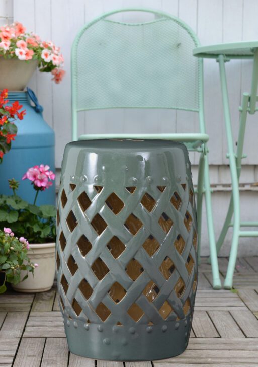 13" x 18" Ceramic Garden Stool with Woven Lattice Design & Glazed Strong Materials Decorative Outdoor Stool, Green
