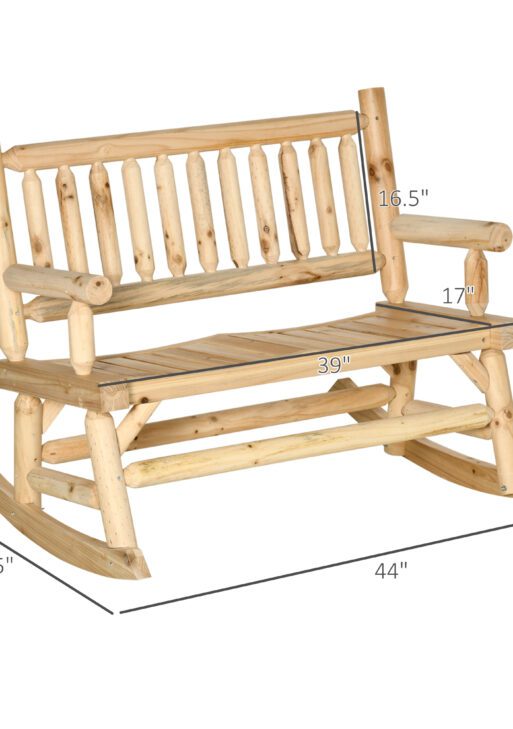 2-Person Wood Rocking Chair with Log Design, Heavy Duty Loveseat with Wide Curved Seats for Patio, Backyard, Garden, Natural