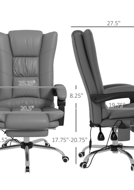 PU Leather Executive Massage Office Chair with 4 Vibration, Computer Desk Chair, Heated Reclining Chair with Adjustable Height, Swivel Wheels, Gray