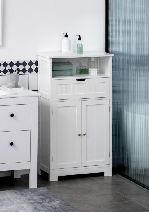 Bathroom Cabinet Organizer, Freestanding Small Storage Cabinet with Drawer and Adjustable Shelf for Living Room, or Entryway, White