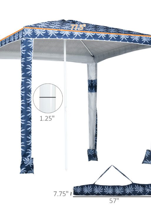 Quick Beach Cabana Canopy Umbrella, 6.5' Easy-Assembly Sun-Shade Shelter with Sandbags and Carry Bag, Cool UV50+ Fits Kids & Family, Blue Coconut Palm