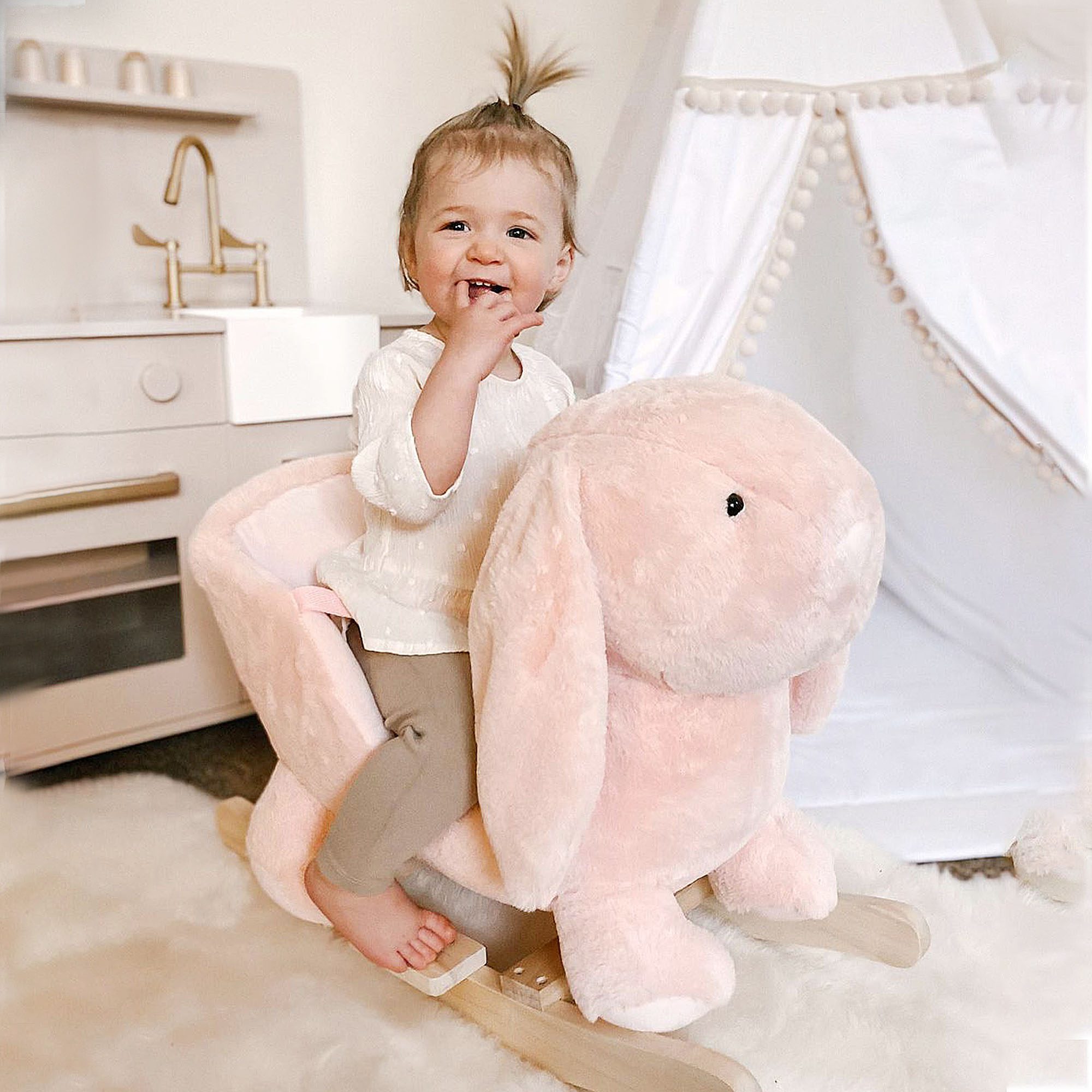 Rabbit Wooden Rocking Horse with Sound, Pink