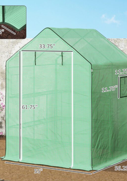 4.6' x 4.7' Portable Greenhouse, Water/UV Resistant Walk-In Small Outdoor Green House with 2 Tier U-Shaped Flower Rack Shelves, Roll Up Door & Windows, Green