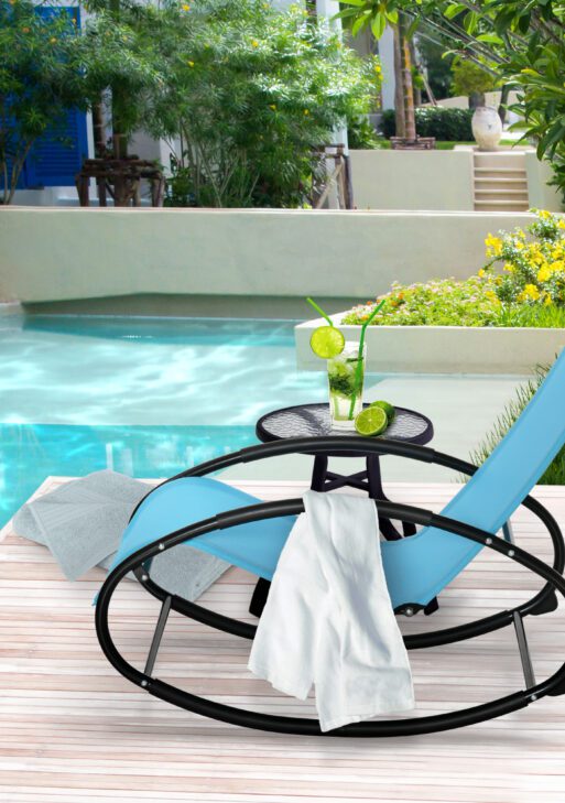 Pool Lounger, Outdoor Rocking Lounge Chair for Sunbathing, Pool, Beach, Porch with Pillow and Cool Mesh, Sun Tanning Rocker, Sky Blue