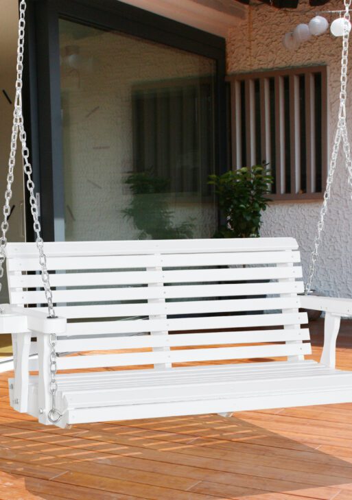 Porch Swing with Chains and Cupholders, 2 Person Wooden Patio Swing Chair, 440 lbs. Weight Capacity, for Garden, Poolside, Backyard, White