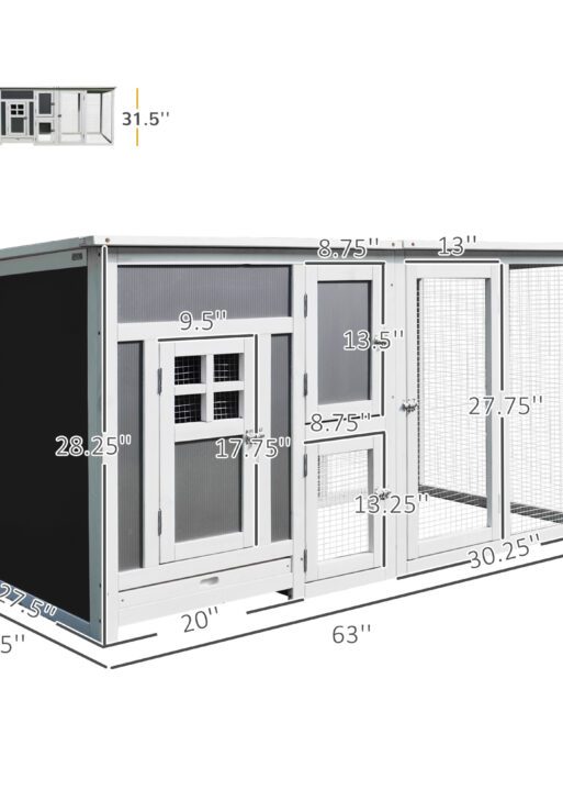 63" Chicken Coop Wooden Chicken House Rabbit Hutch Poultry Cage Hen Pen Backyard PC Roof with Run Box