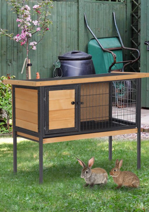 Rabbit Hutch Elevated Bunny Cage Small Animal Habitat with Metal Frame, No Leak Tray, Metal Wire Pan, Openable Water-Resistant Asphalt Roof for Rabbits, Chickens, Ducks, Indoor/Outdoor Natural