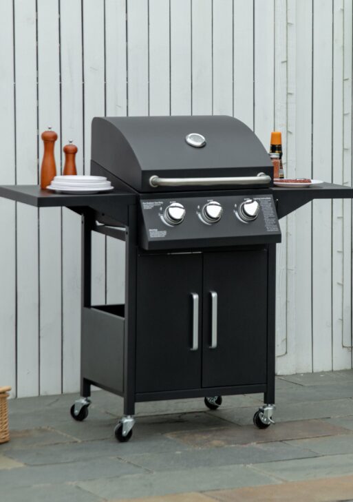 Outdoor 3 Burner Gas Grill Portable Barbecue w/ Wheels, Warming Rack, Shelves, Cabinet, Thermometer, Black