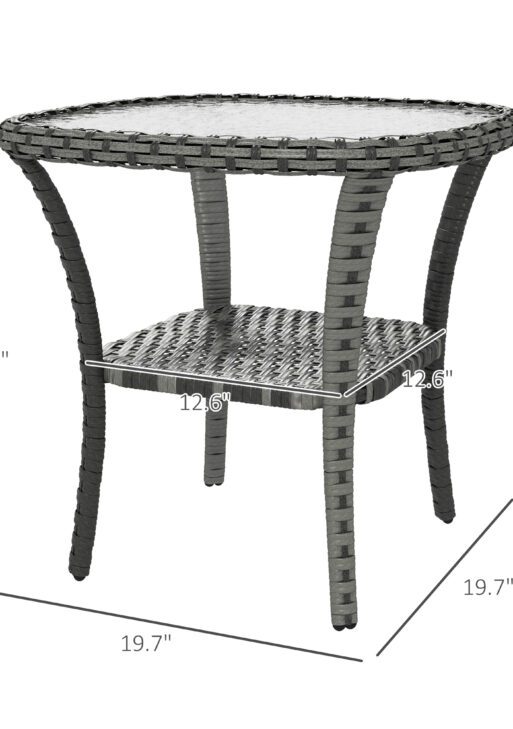 Outdoor Coffee Table with Storage Shelf, Hand-Woven Wicker Side Table with Water-Ripple Glass Top, Mix Gray