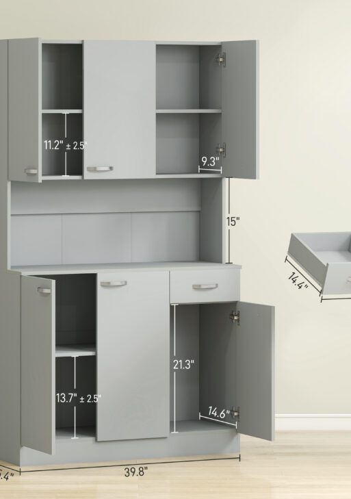 71" Kitchen Pantry Cabinet, Tall Storage Cabinet with Microwave Stand, Modern Kitchen Hutch with Countertop, 6 Doors, Storage Drawer, 3 Adjustable Shelves for Living Room, Dining Room, Gray
