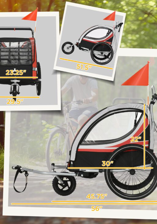 3-in-1 Bike Trailer for Kids, Running Stroller with 2 Seats, Jogging Cart with 5-Point Harness, Storage Units, Red