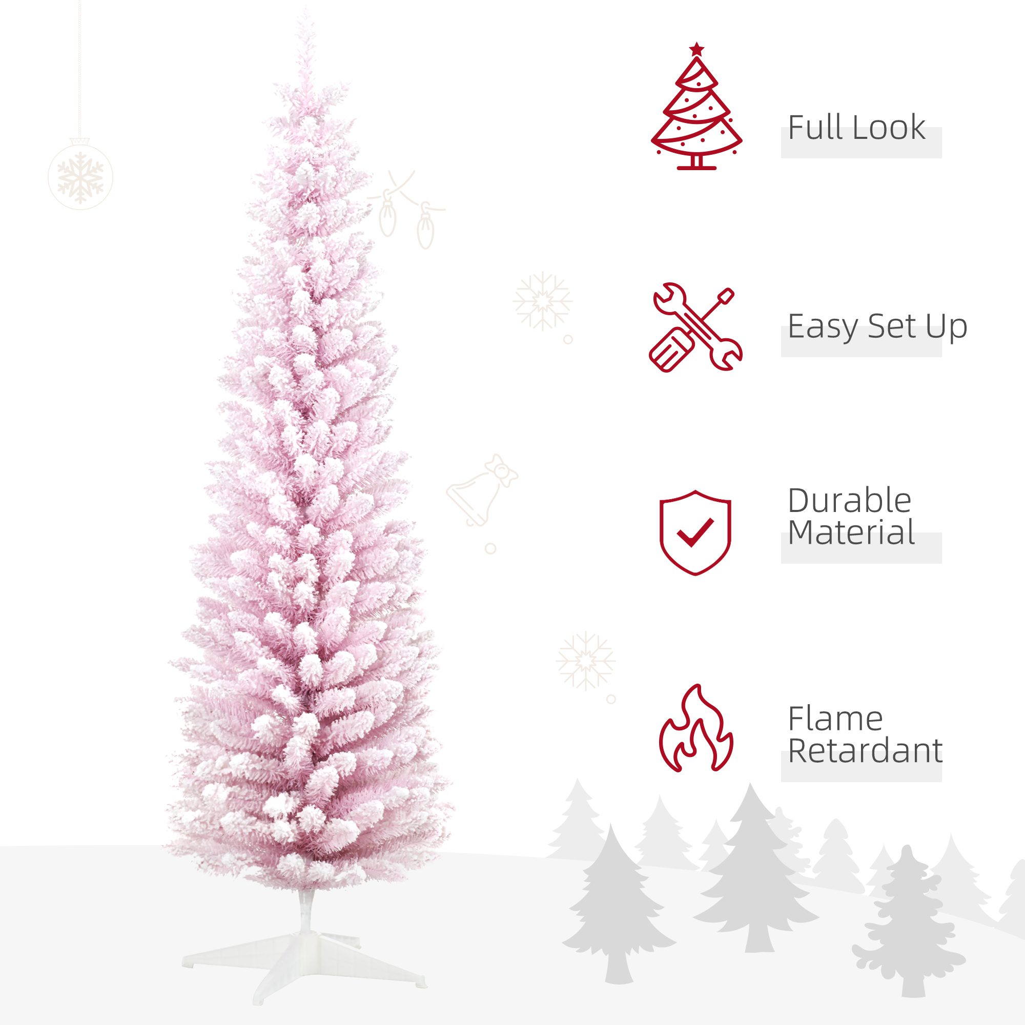 7' Decorated Christmas Tree Snow Flocked Artificial Christmas Tree with Pencil Shape, Realistic Branches, Pink - Image 2